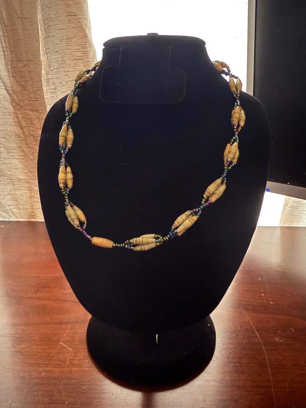 Handmade Recycled Rolled Paper Bead Seed Beaded Necklace Boho